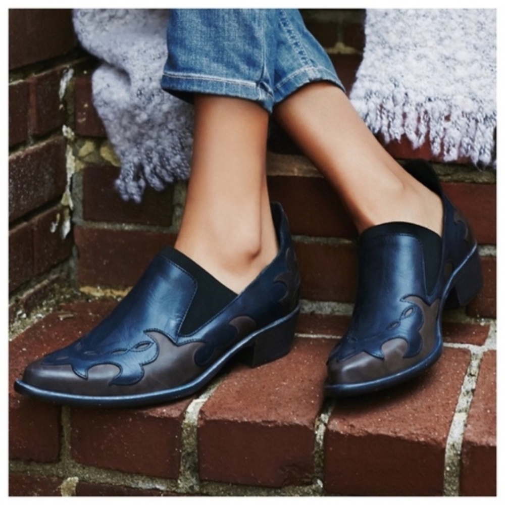 Free People Wing Cap Monterey Western Booties Blue and Brown. Sz 36.